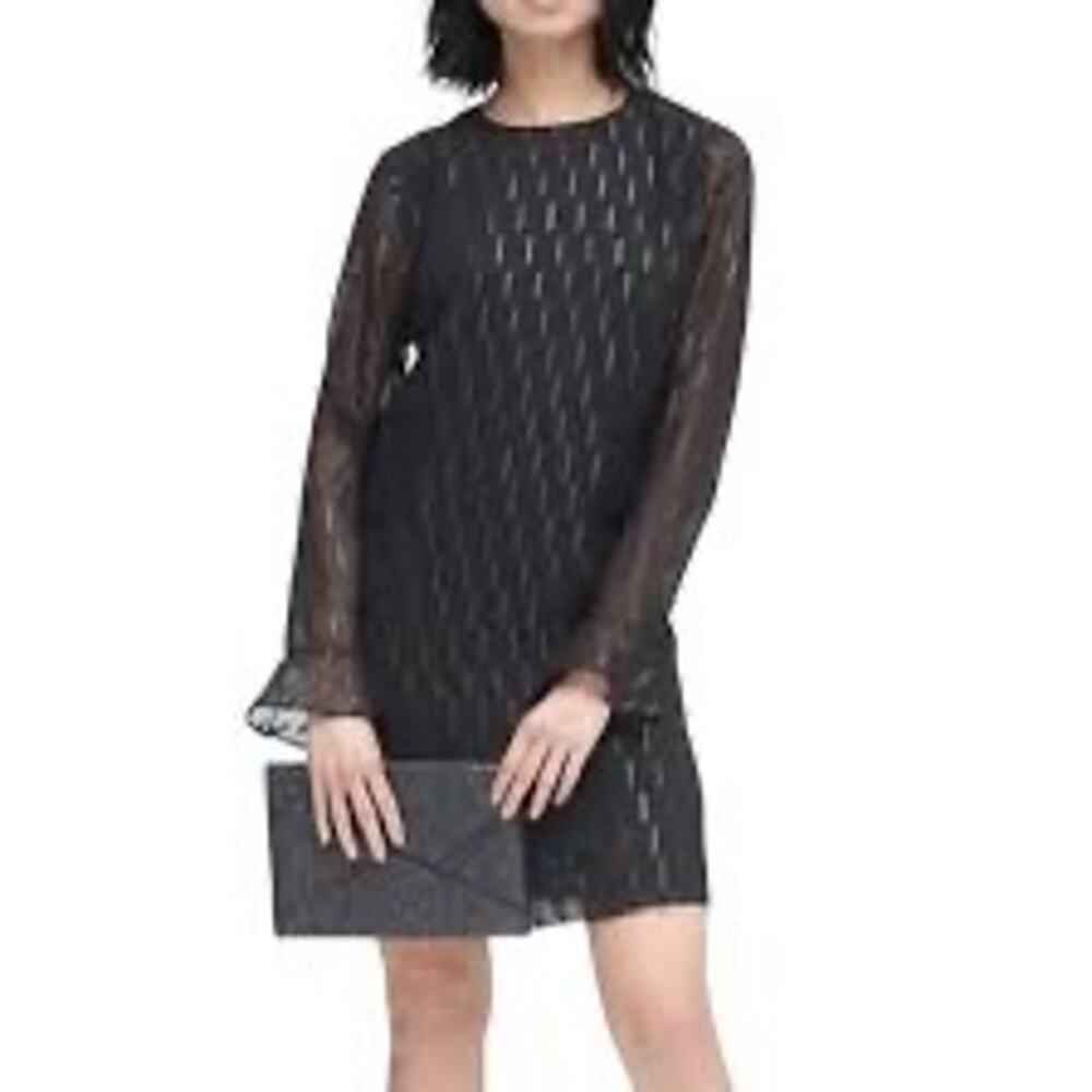 Banana Republic Black Ruffle Cuff Shift Dress Shear Sleeves Knee Length Dress 8 - Picture 2 of 8